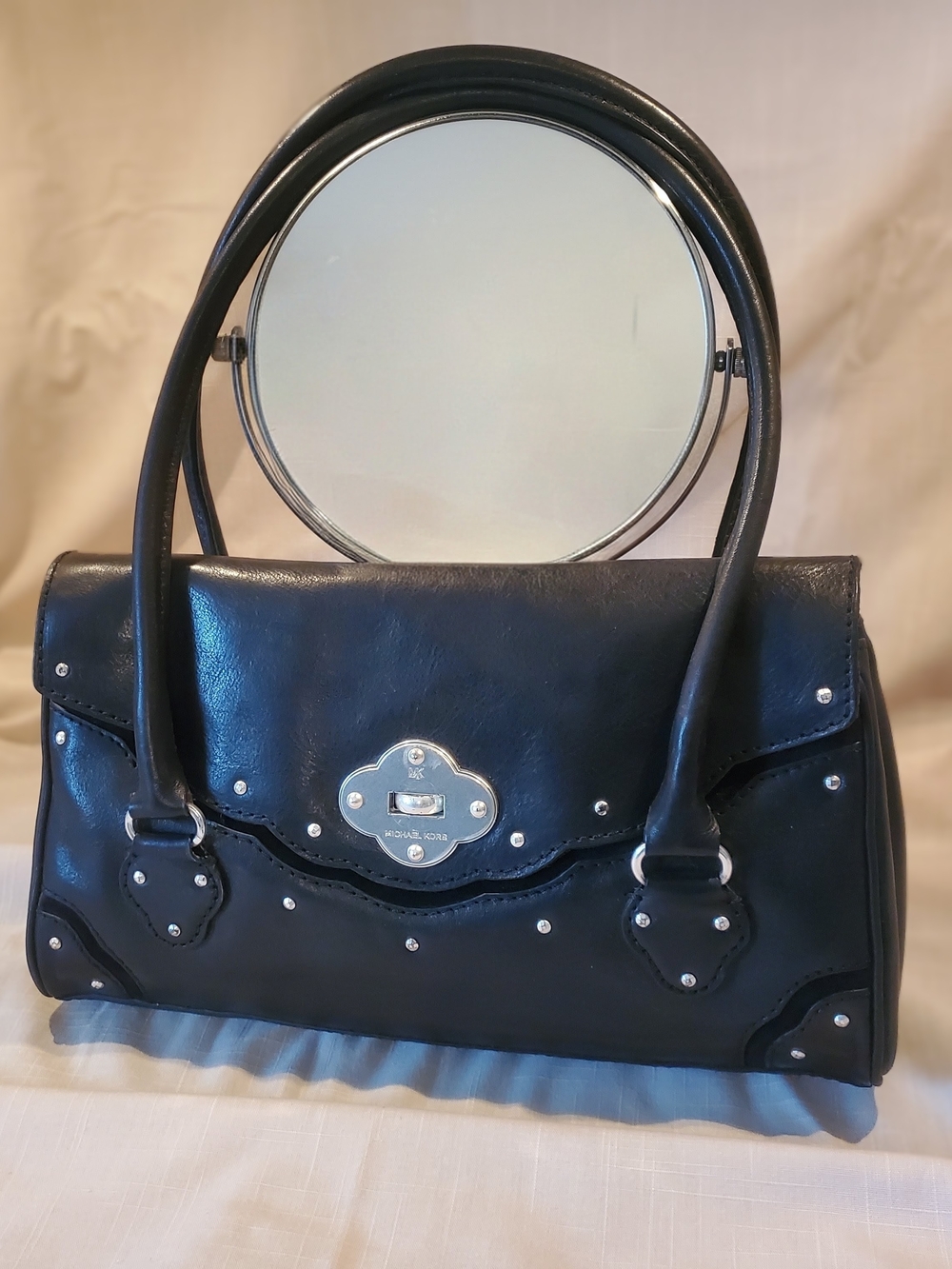 Michael Kors Black Leather Studded Satchel with Silver Hardware